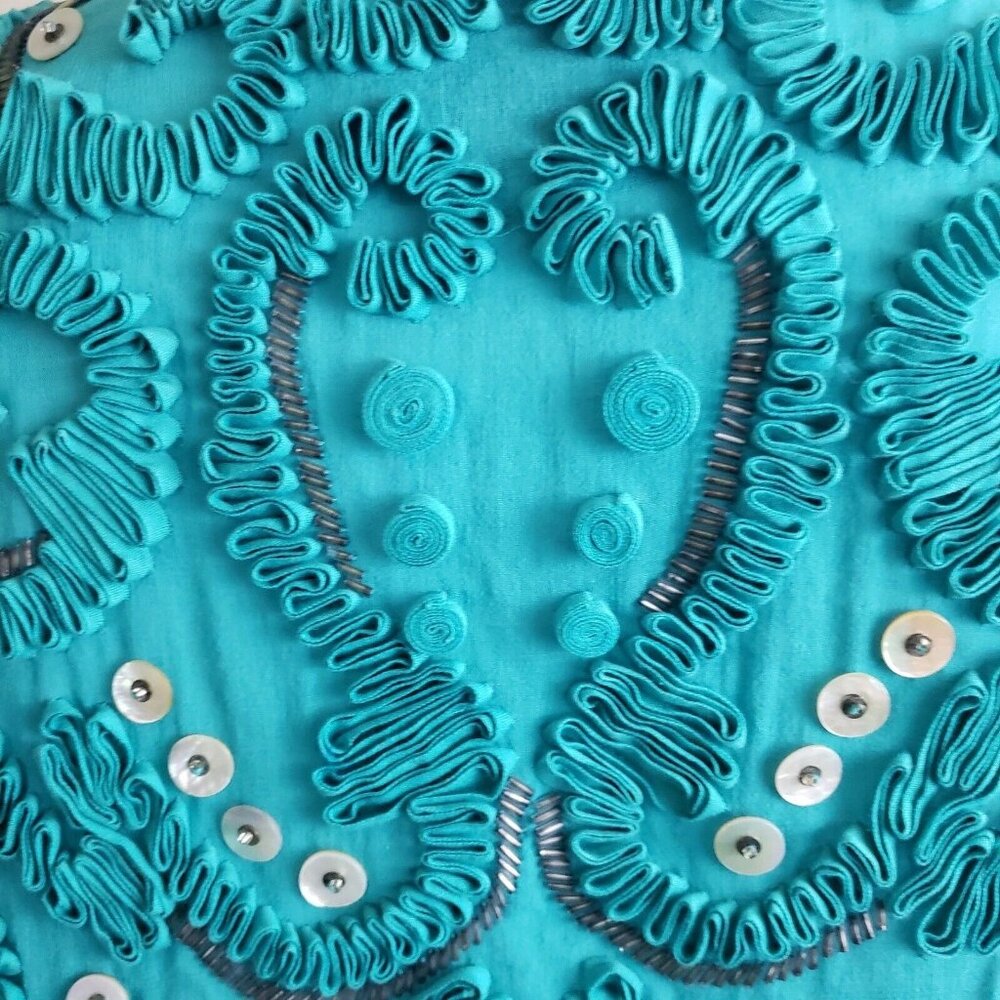 3.1 Phillip Lim Embroidered Embellished Baby Doll Teal Womens Boho Blouse Sz 4 - Picture 5 of 7